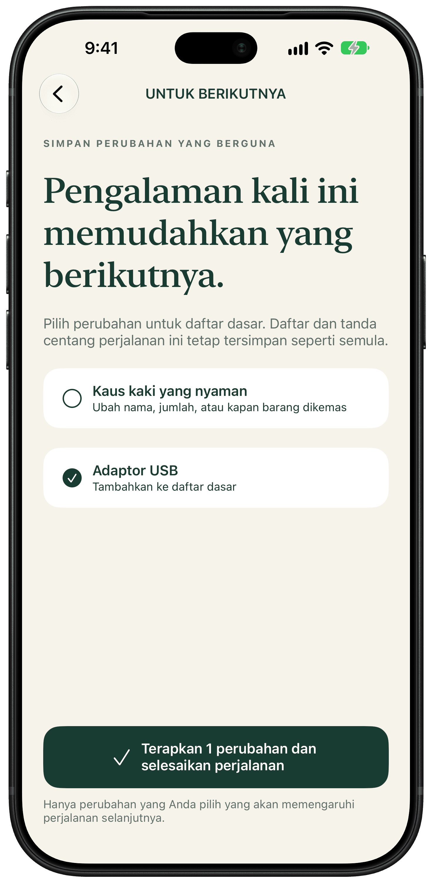 Layar tinjauan menampilkan perubahan terpisah, dengan adaptor USB dipilih untuk daftar dasar.