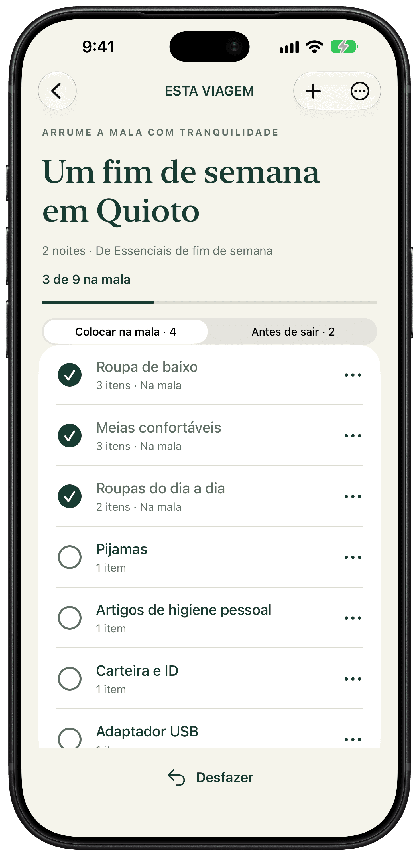 Lista do Packmorrow para um fim de semana em Quioto, com itens, quantidades e marcações do que já está na mala.