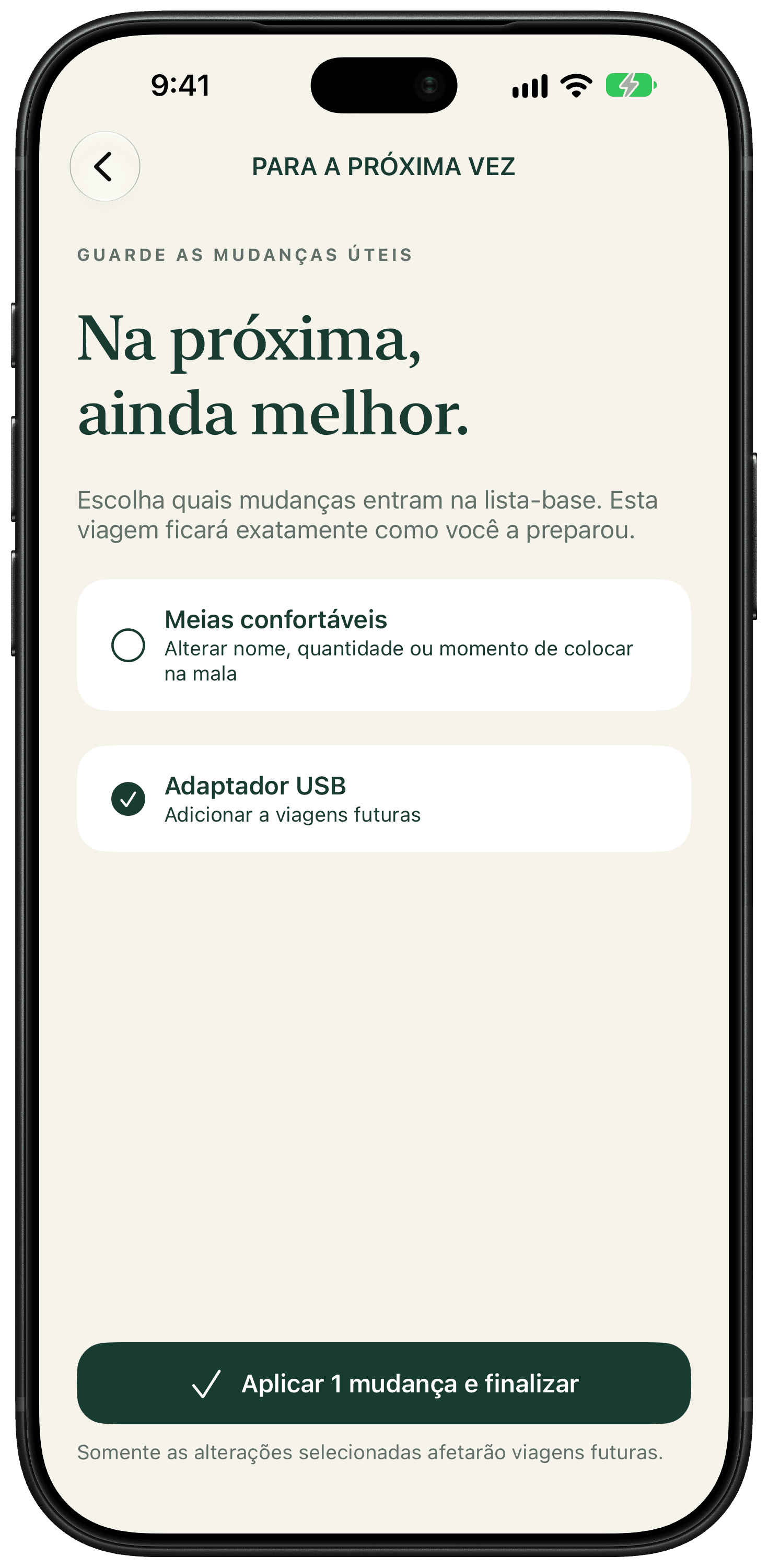 A revisão da viagem mostra cada mudança, com um adaptador USB selecionado para atualizar a lista-base.