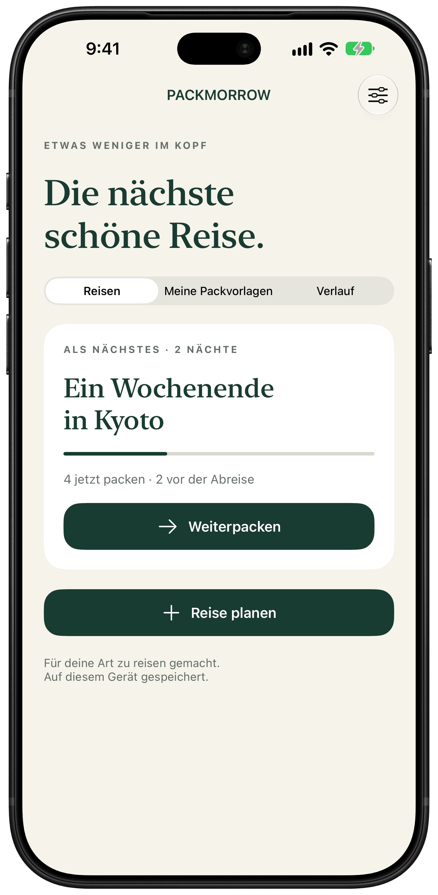 Packmorrow-Startseite mit einer gespeicherten Packliste für ein Wochenende.