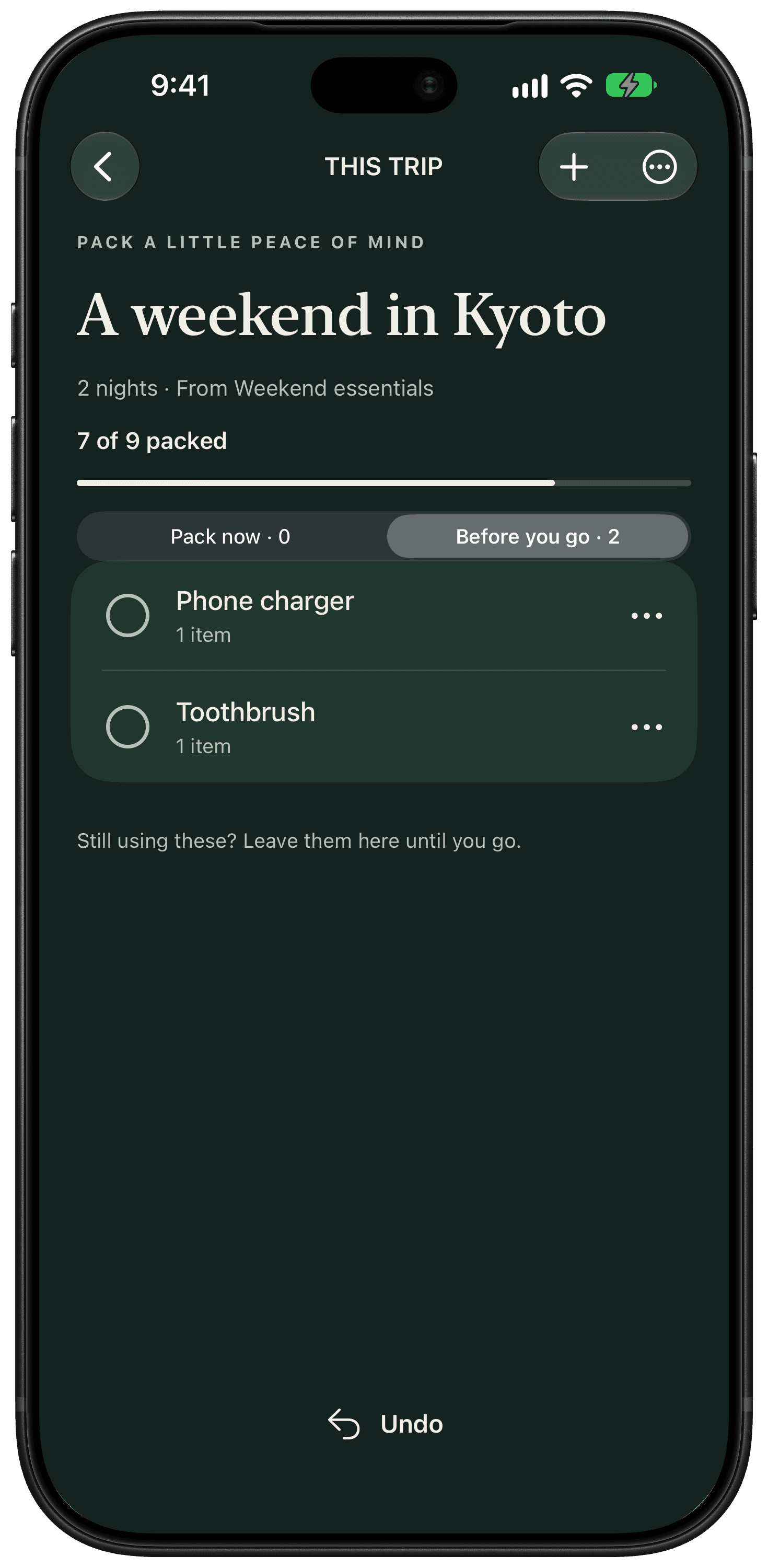 The Before you go list separates a phone charger and toothbrush from the things already packed.