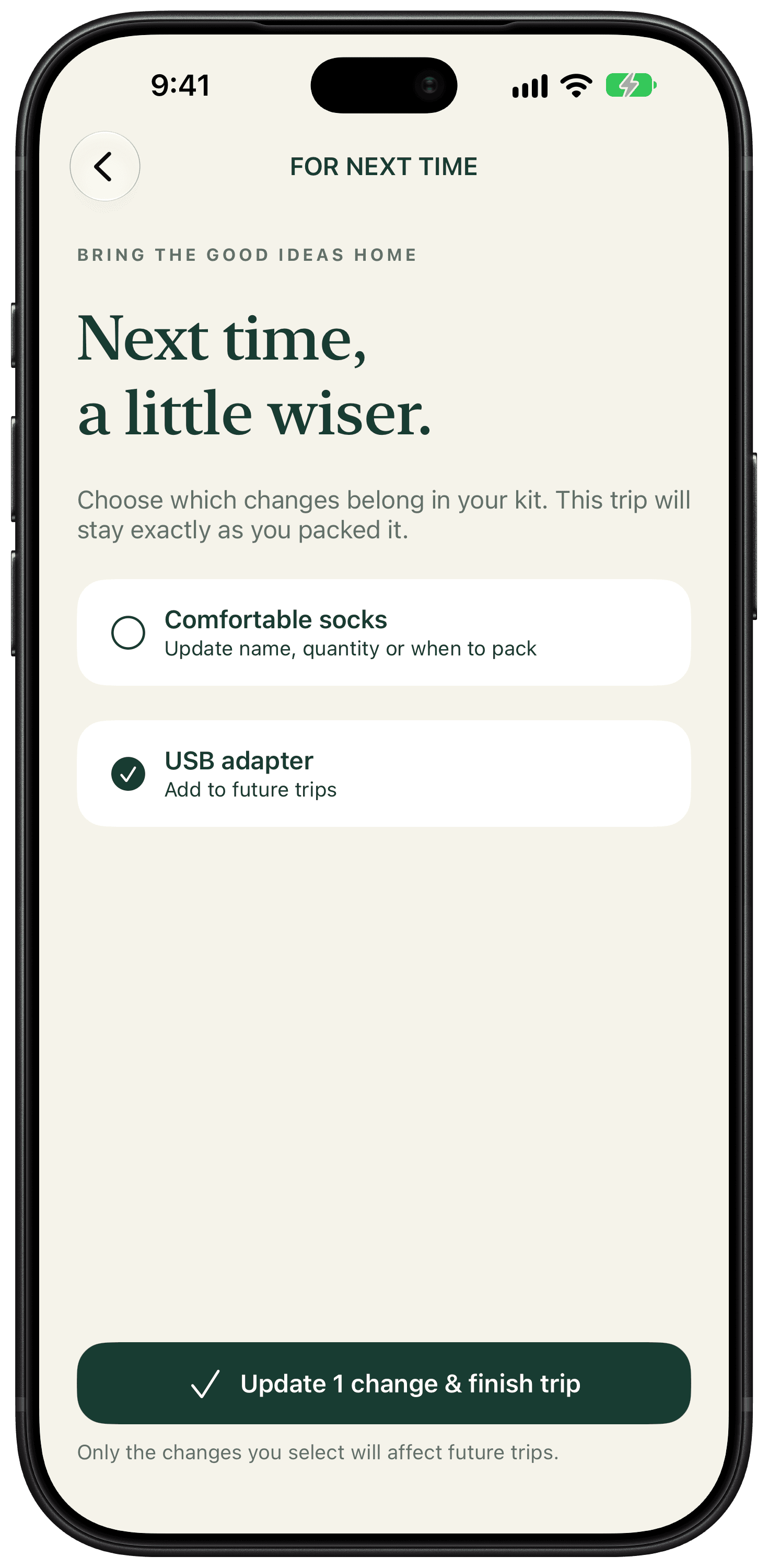Review for next time shows individual changes, with a USB adapter selected to update the reusable kit.