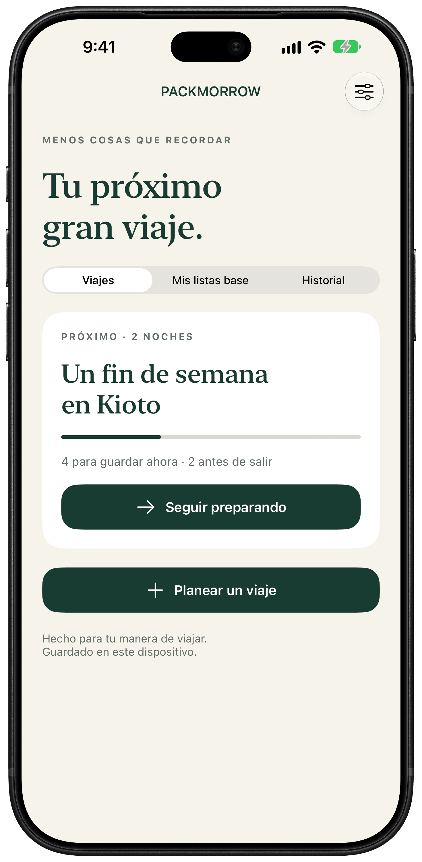 Pantalla de inicio de Packmorrow con una lista de equipaje guardada para un fin de semana.