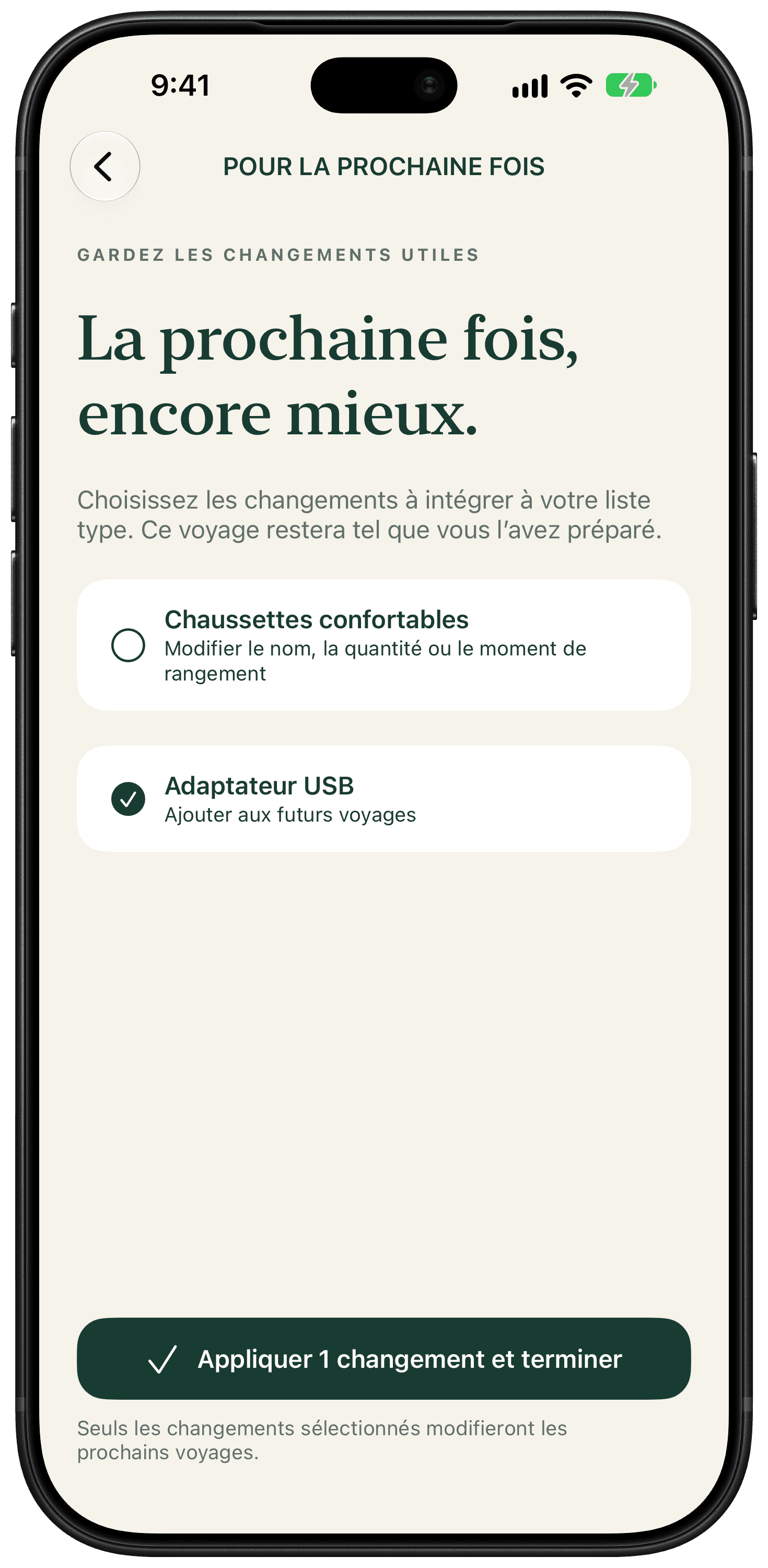 Le bilan du voyage présente les changements un par un, avec un adaptateur USB sélectionné pour mettre à jour la liste type.