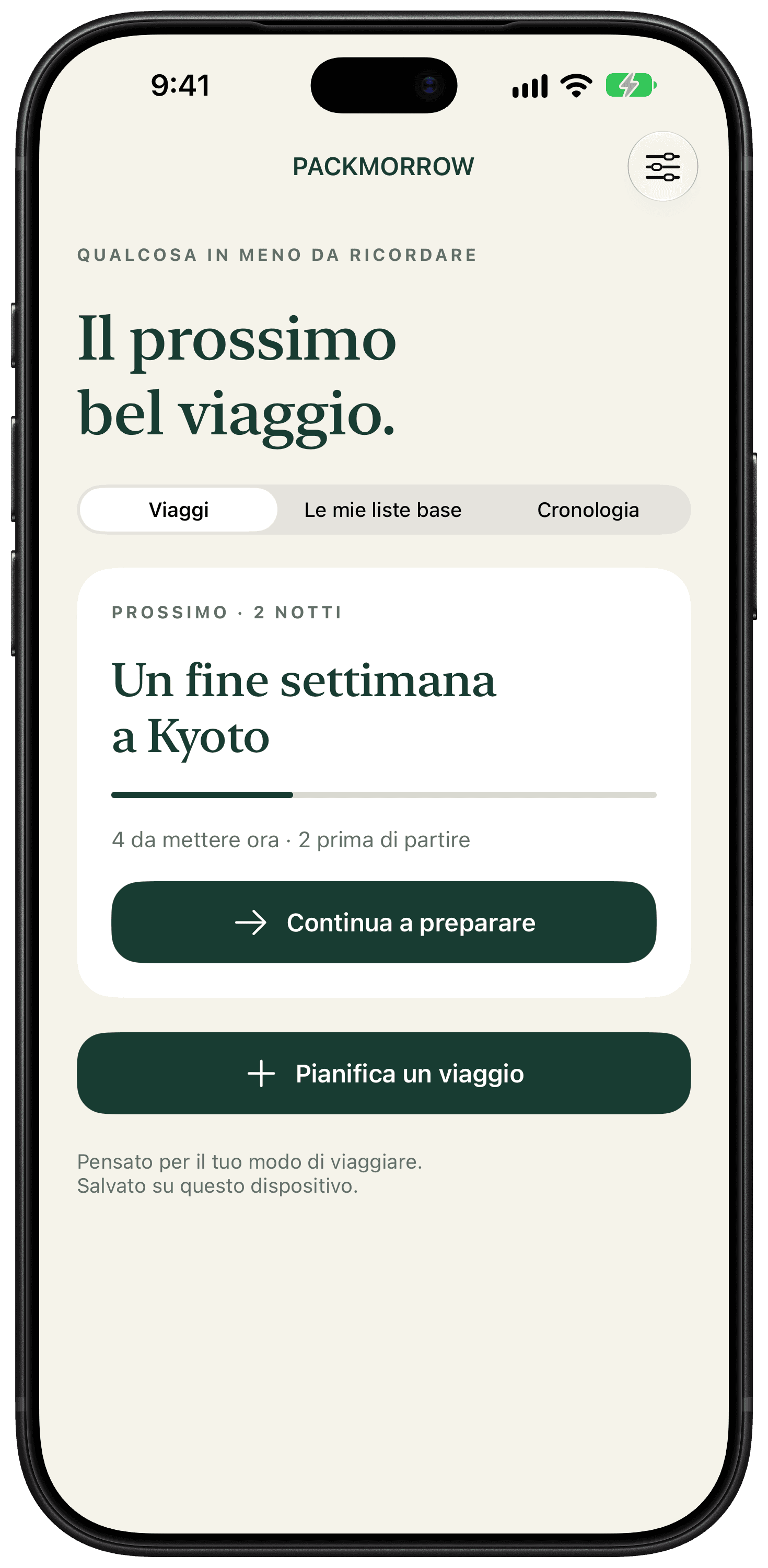 La schermata iniziale di Packmorrow con una lista salvata per un fine settimana.