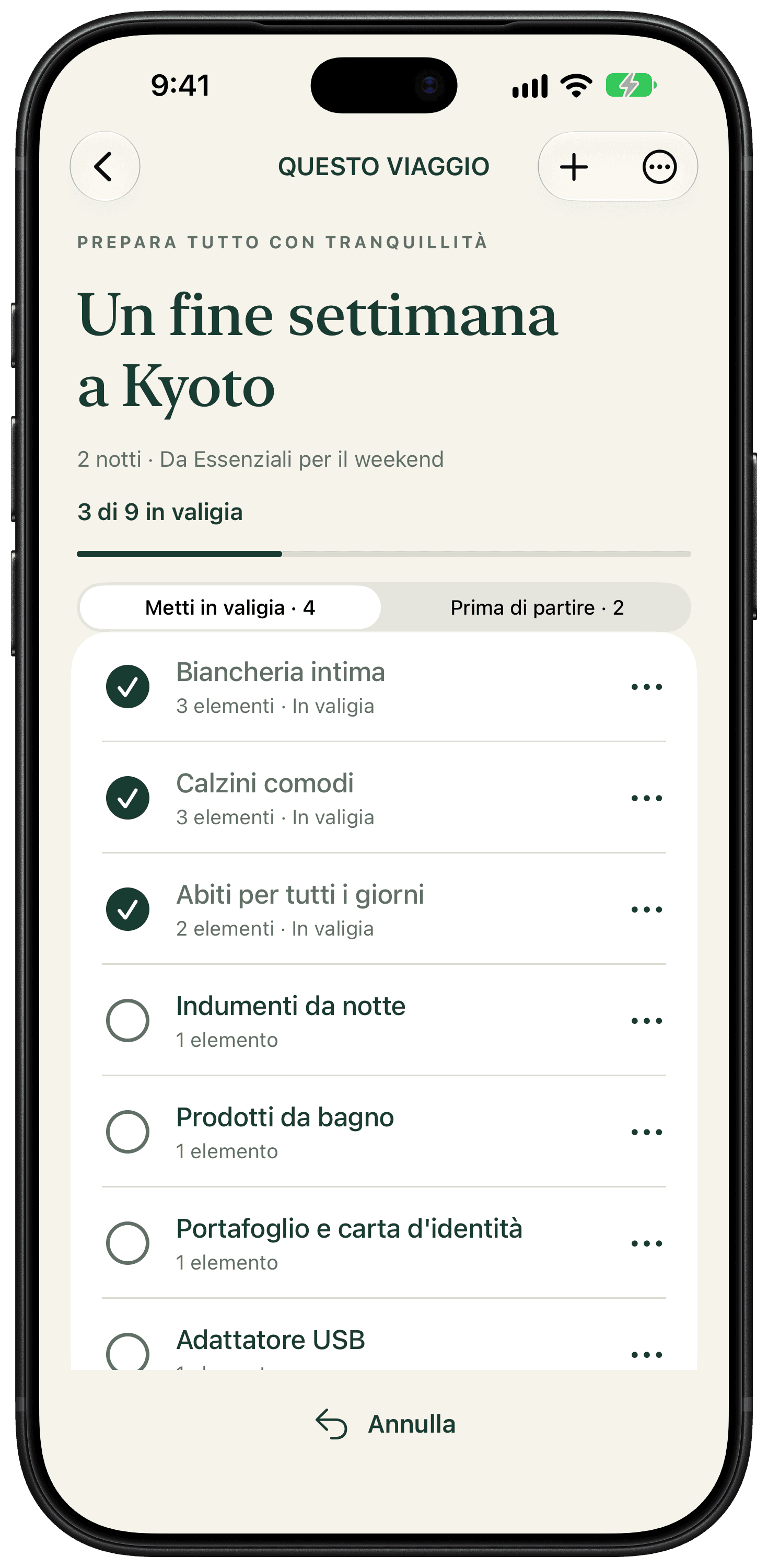 La lista di Packmorrow per un fine settimana a Kyoto, con oggetti essenziali, quantità e spunte.