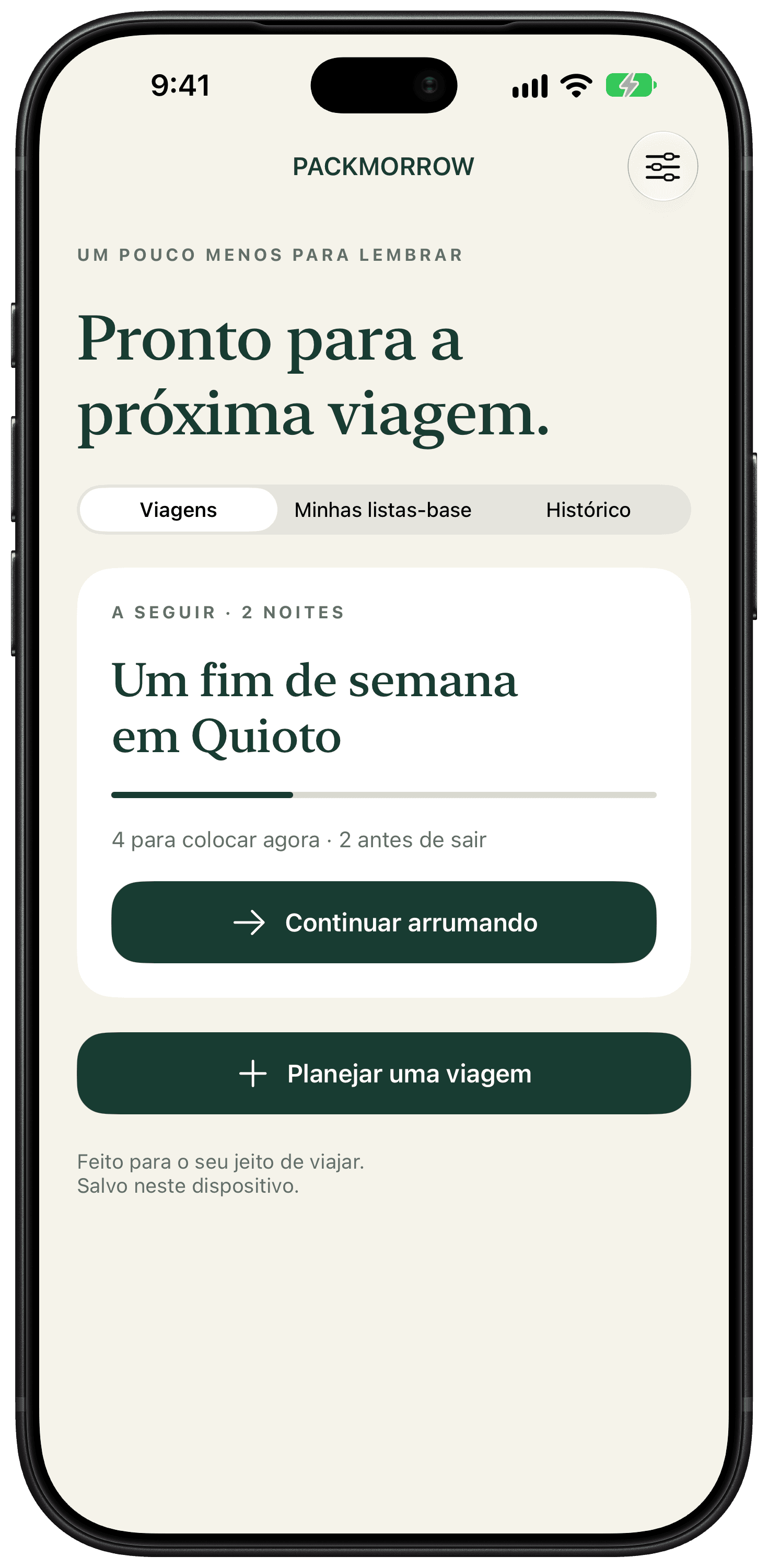 Tela inicial do Packmorrow com uma lista salva para um fim de semana.