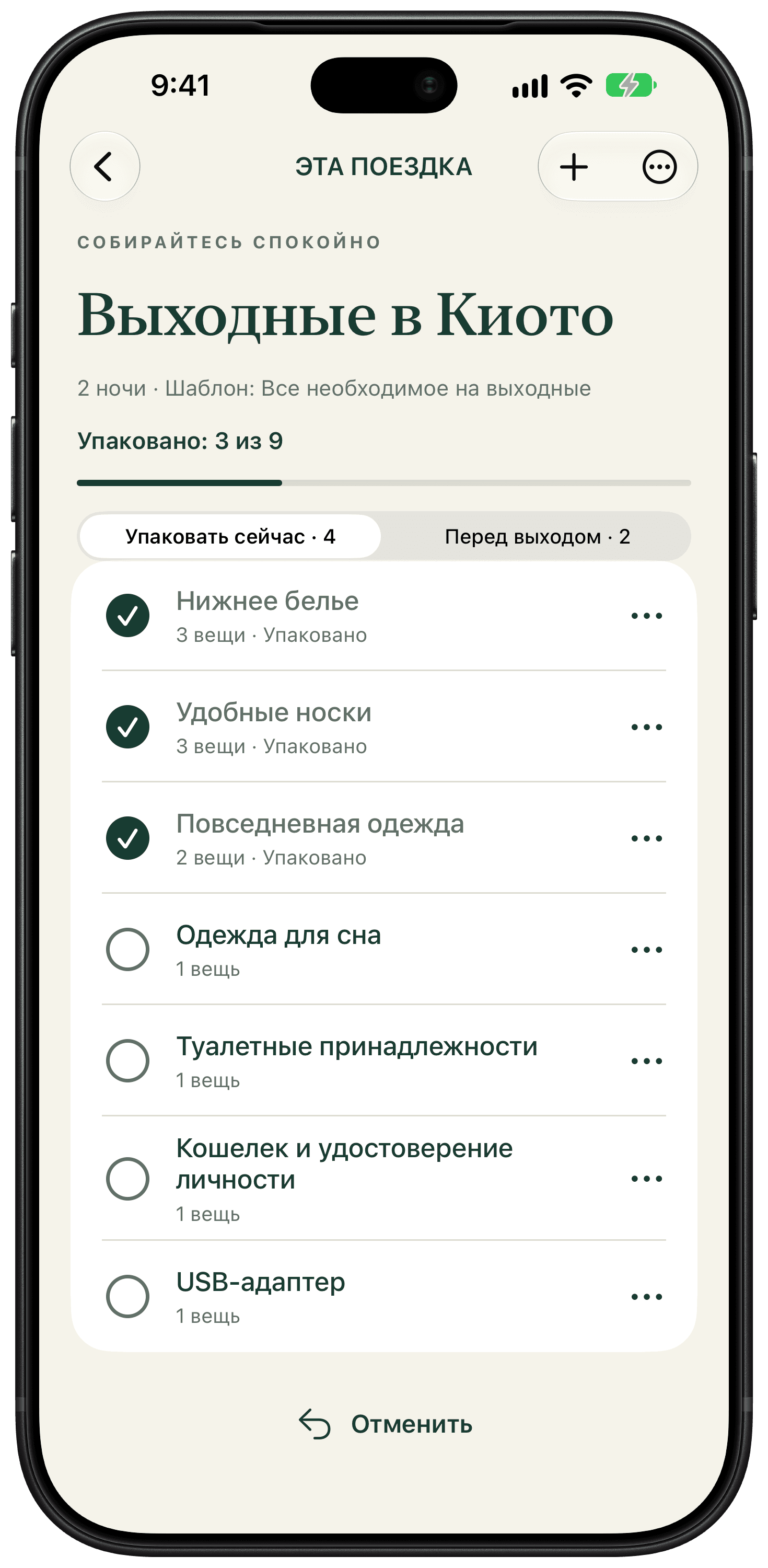 Список вещей для выходных в Киото: названия, количество и отметки об упаковке.